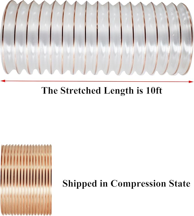 JUYO VONSAN 4 inch PU Dust Collection Hose 10ft Heavy Duty Flex Clear Dust Debris Collector Hose With Clamps (Polyurethane, 4'' X 10ft)