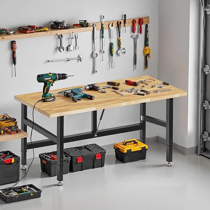 48” Folding Workbench, 2000 LBS Capacity Heavy Duty Workbench, Height Adjustable Foldable Work Table, Rubberwood Collapsible Desk for Workshop, Garage, Office, Home