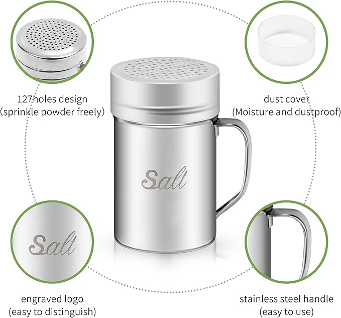 Stainless Steel Salt and Pepper Shakers Set, 14 OZ Seasoning Spice Shaker with Lid and Handle 127 Holes, Metal Dredge Shaker for Powder Sugar Cooking Kitchen Baking (2 Pieces)