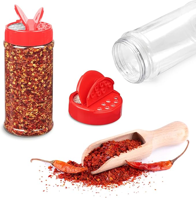 RoyalHouse 6 Pack 16 Oz Plastic Spice Jars with Red Cap, Clear and Safe Plastic Bottle Containers with Shaker Lids for Storing Spice, Herbs and Seasoning Powders, BPA Free, Made in USA