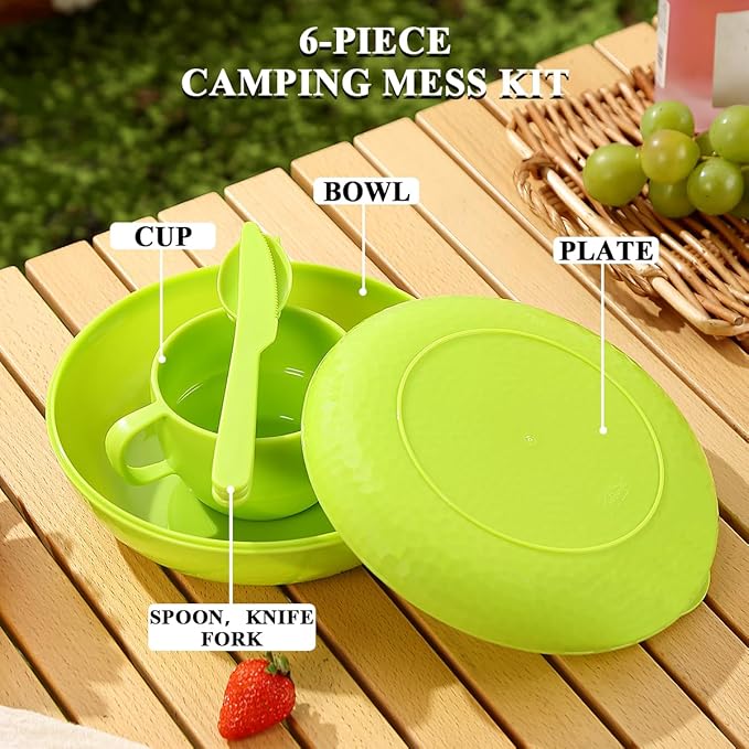 Berglander Camping Mess Kit with Bowl, Plate, Cup, Spoon, Fork, Knife and Carry Bag, Save Space, Easy to Carry, Plastic Camping Essentials Utensils for Travel, Picnic, Outdoor (Green)