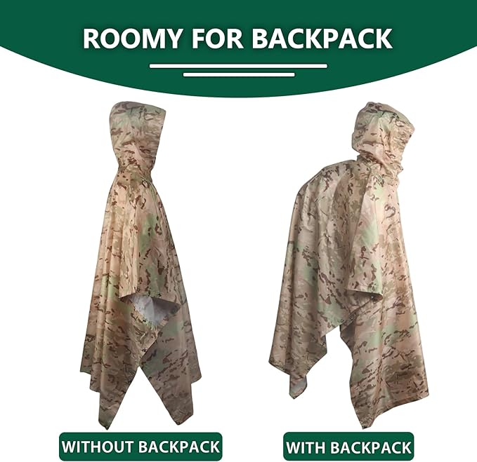 GRVCN Military Rain Poncho, Camouflage Raincoat Outdoor Waterproof Lightweight
