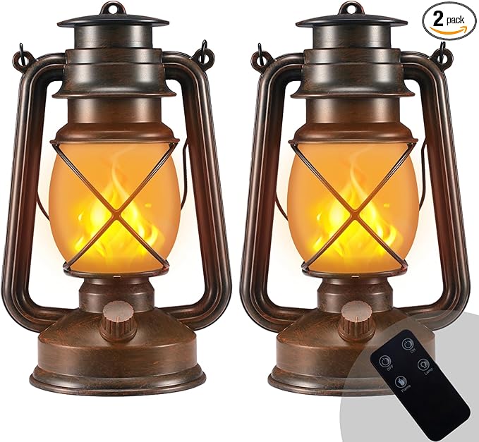 Outdoor Lanterns Waterproof Hanging Vintage LED Camping Lamps with Dancing Flame Non-Solar Remote Control Light Landscape Decor for Table Patio Garden Yard Pathway Porch 2Pack (3AA Batteries Power)