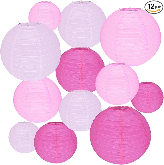 12Pcs Round Paper Lanterns Assorted Sizes (6" 8" 10" 12") for Home Decor, Restaurant, Church, Wedding, Birthday Party Decorations, Hanging Chinese Japanese Paper Lantern Lamps (Pink Series)