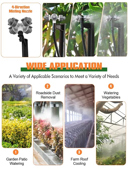 164FT Automatic Drip Irrigation Kit, Kalolary Micro Garden Watering System with 1/4" Distribution Tube Adjustable Sprinkler Equipment 4/7 Misting Nozzle Emitters Barbed Fittings for Greenhouse Patio