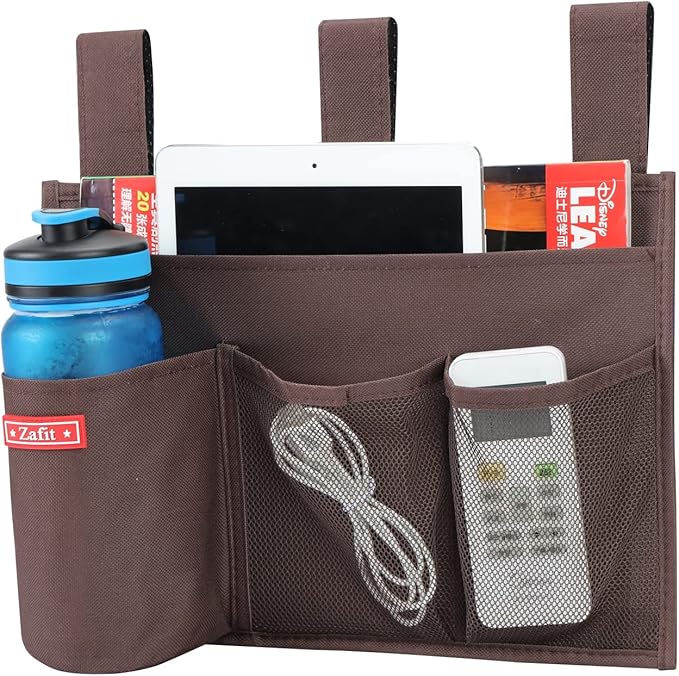 Hanging Bedside Caddy, Bedside Storage Organizer for Magazine, Phone, Remote control (4 Pockets-Coffee)