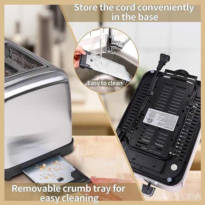 SEEDEEM Toaster 2 Slice, LCD Display, 7 Shade Settings, 1.4'' Wide Slots, Stainless Steel Digital Toaster for Bagel, Defrost, Reheat, Removable Crumb Tray, 900W, Silver Metallic