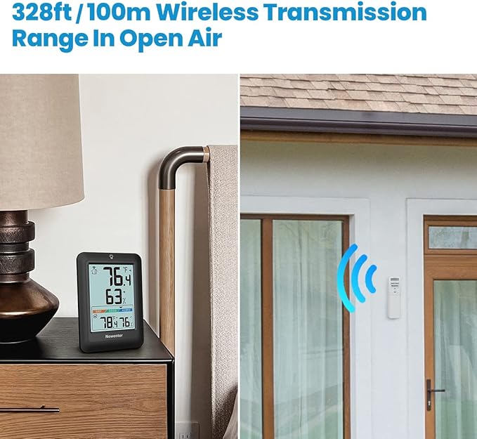 Newentor Indoor Outdoor Thermometer Wireless, Remote Temperature Monitor Hygrometer, Outside Inside Thermometers with Comfort Indicator, 4 Inch Screen, 328ft Range for Home Patio, Black with 2 Sensors