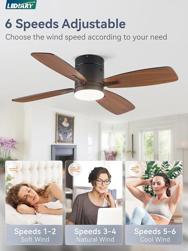 LEDIARY 42 inch Ceiling Fans with Lights and Remote Control,Flush Mount Ceiling Fan with Quiet Reversible DC Motor,Black Modern Low Profile Ceiling Fan with Light for Bedroom Living Room Patio