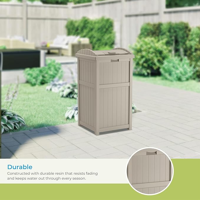 Suncast 33 Gallon Hideaway Trash Can for Patio - Resin Outdoor Trash with Lid - Use in Backyard, Deck, or Patio - Taupe
