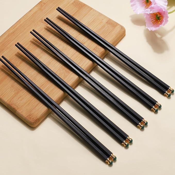 GLAMFIELDS 5 Pairs Premium Chopsticks Reusable Dishwasher Safe 10.5 Inch Gift Set Hexagon Black Chop Sticks with the Green Tops