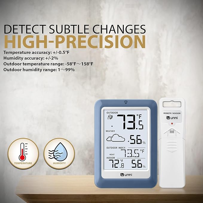 Indoor Outdoor Thermometer Hygrometer Wireless Weather Station, Temperature Humidity Monitor Battery Powered Inside Outside Thermometers with 330ft Range Remote Sensor(Blue)