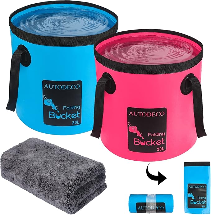 AUTODECO 2 Pack Collapsible Bucket 5 Gallon Container Folding Water Bucket Portable Wash Basin for Outdoor Travelling Camping Fishing Gardening Car Washing 20L