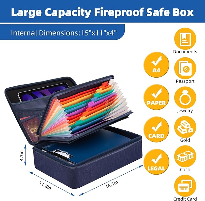 File Organizer, Hard Case Fireproof Document Box with Lock, Hard-Shell Important Document Organizer Safe Box Fireproof Waterproof, Home Office Supplies Storage and Organization (Blue)
