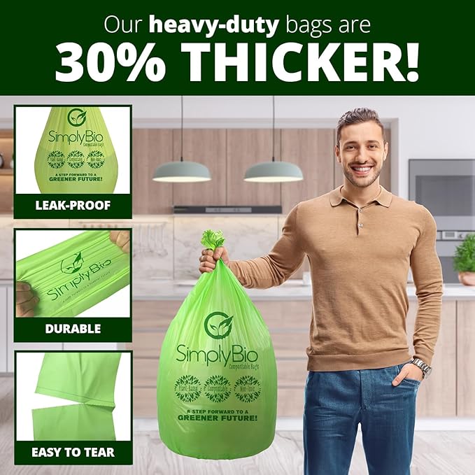 10-13 Gallon Compostable Trash Bags with Flat-Top 50 Bags Thick 0.87 Mil, 49.21 Liter, Tall Kitchen Food Scrap Waste Compost Bag, ASTM D6400, US BPI and OK Compost Home Certified