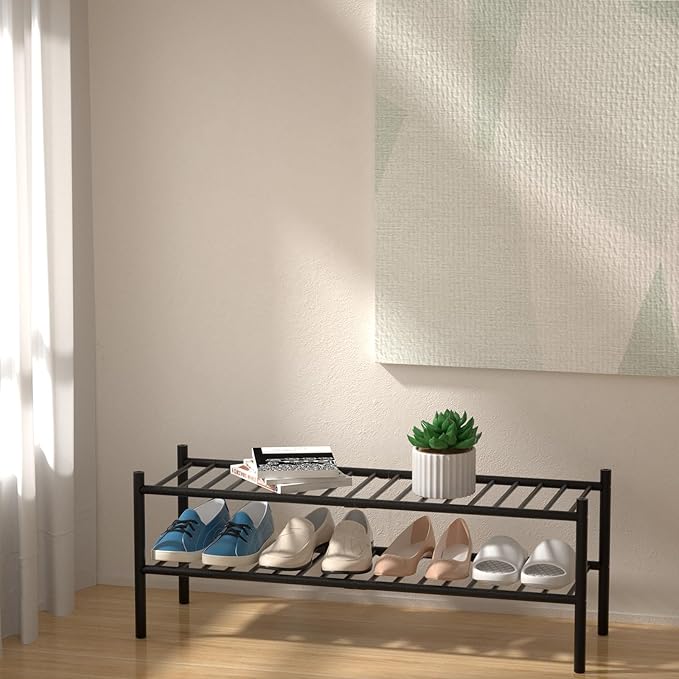 2-Tier Bamboo Long Shoe Rack, Free Standing Wood Shoe Shelf Storage Organizer for Closet Entryway Stackable 35"x11"x13" (Black)