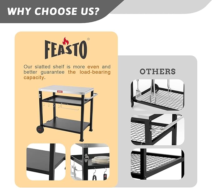 3-Shelf Outdoor Grill Table,Pizza Oven Table for Outside,Movable Grill Cart with Wheels,Indoor & Outdoor Cooking Station, Pizza Oven Stand for Ooni Blackstone Griddle 33.5”x 21.7”