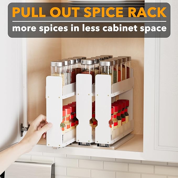 SpaceAid Bamboo Pull Out Spice Rack Organizer for Cabinet, Heavy Duty Slide Out Seasoning Kitchen Pantry Sliding Vertical Organization, 7.6" Wide, 3 Drawers(2" Wide), 2-Tier, White