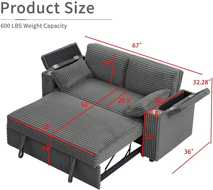Convertible Corduroy Sofa Bed with USB Charging Port & Cup Holders, 68.11" Foldable Sleeper Chair with Armrests & Pillows, 3-in-1 Floor Futon for Living Room, Bedroom, Guest Room