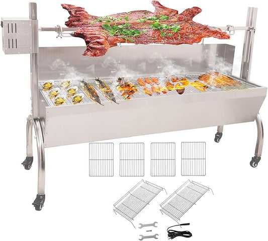 50W Rotisserie Grill With Wind Screen - 51 Inch BBQ Outdoor Pig & Lamb Spit Roaster - 132LBS/60KG Stainless Steel Charcoal Spit Rotisserie Grill for Camping & Outdoor Barbecue