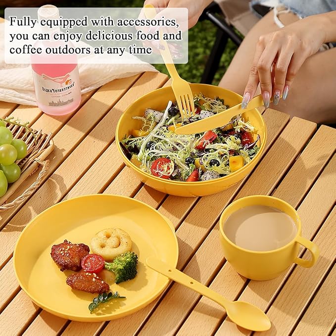 Berglander Camping Mess Kit with Bowl, Plate, Cup, Spoon, Fork, Knife and Carry Bag, Save Space, Easy to Carry, Plastic Camping Essentials Utensils for Travel, Picnic, Outdoor (Gold Yellow)
