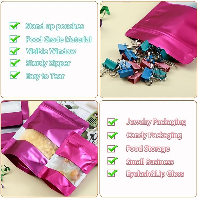 200 Pcs Mylar Bags for Food Storage 5x8 Mylar Bag with Window, Foil Stand Up Resealable Bags for Food, Smell Proof Bag Freeze Dried Candy Packaging Sealable Pouch Jewelry Bracelet Pouch
