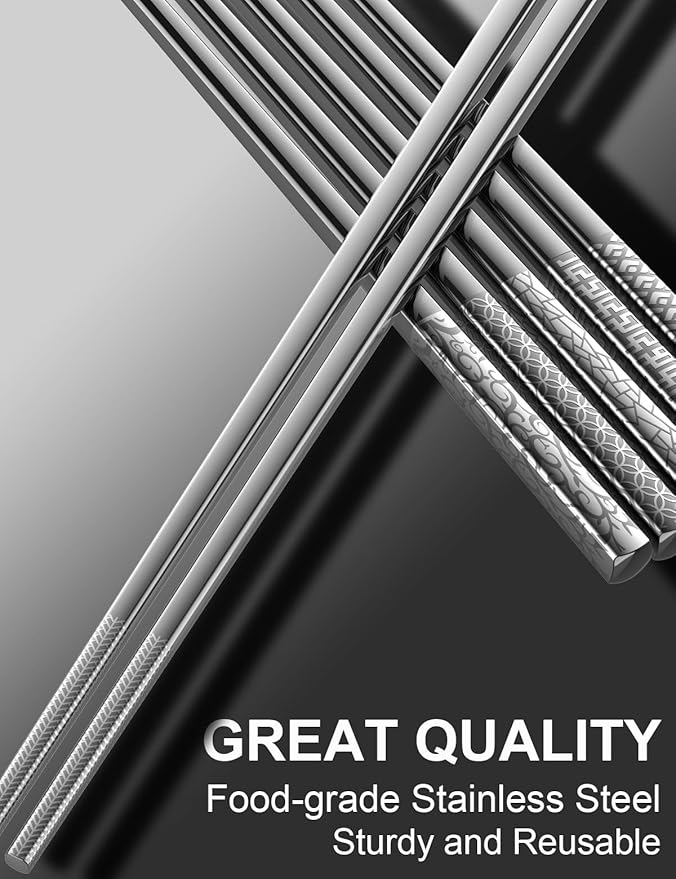 Metal Chopsticks Reusable 18/8 stainless steel Chopsticks 5 Pairs Modern Style Dishwasher Safe Lightweight Non-Slip Chop Sticks 9 1/4 Inches Present Set