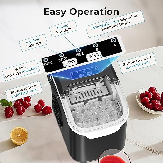 Ice Makers Countertop, 8pcs/ 6mins with 2 Sizes, Self-Cleaning, 26.5Lbs/Day Quiet Portable Mini Ice Machine with Basket/Scoop, Energy Saving for Home/Office/Kitchen/RV, Black