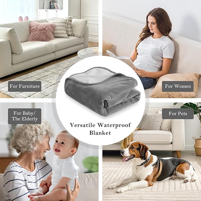 SOCHOW Waterproof Blanket for Bed Sofa Couch, Water Resistant Blanket Washable 60"x80", Reversible Leakproof Bed Cover for Adults Elderly Pets, Grey & Light Grey