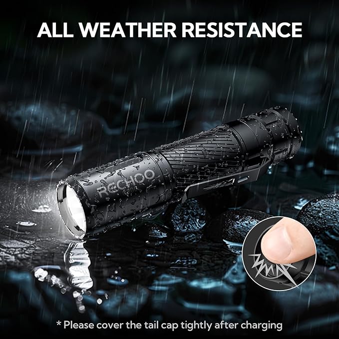 RECHOO Flashlight Rechargeable, G800 LED Flashlight with 3 Lighting Modes, Fixed Focus, Pocket Clip, Small EDC Flash Light for Emergency, Camping Gear (Battery Included)