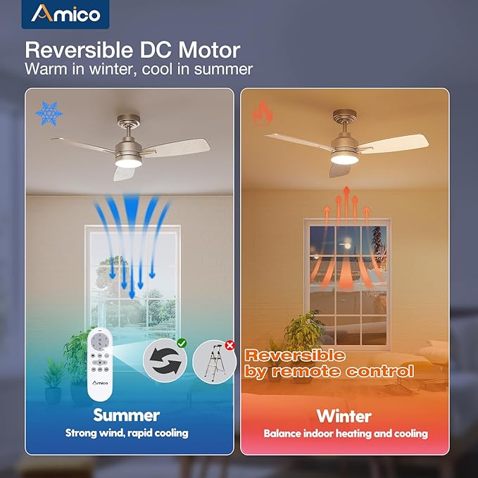 Amico Ceiling Fans with Lights, 44 inch Nickel Ceiling Fan with Light and Remote Control, Reversible, 3CCT, Dimmable, Noiseless, Small Ceiling Fan for Bedroom, Farmhouse, Indoor/Outdoor Use