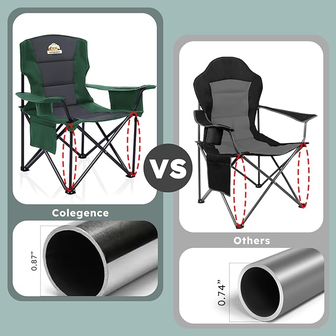 Oversized Folding Camping Chairs - 450 LBS Support Heavy Duty Camp Chair with Padded Cushion, Portable Outside Chairs with Carry Bag，Cooler, Cup Holder for Outdoor, Lawn, Sports - Green