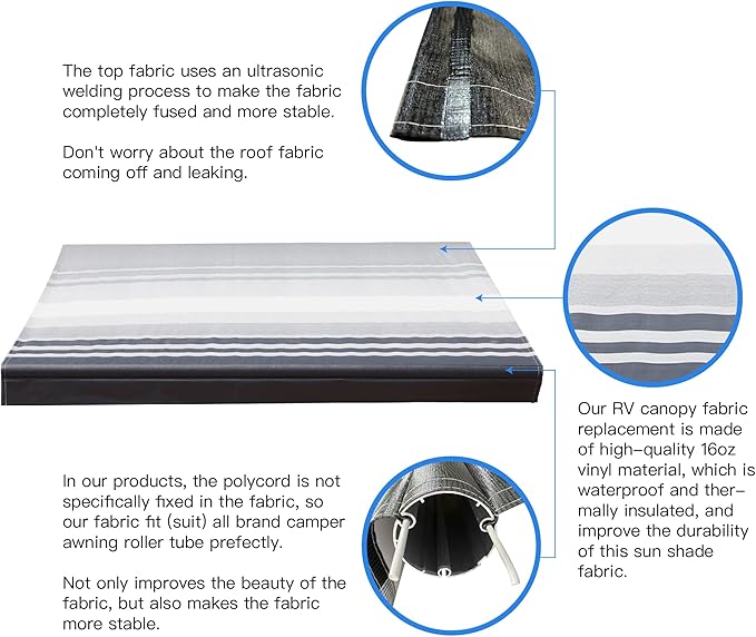 AWNLUX RV Awning Fabric Replacement Waterproof Vinyl Shade Screen for Awnings Camping Universal Fit Fabric Sun Shade UV Sun Blocker Canopy RV Awning Shade Shelter Black Strip-19'(Fabric 18'2")