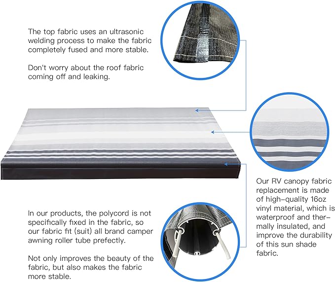 AWNLUX RV Awning Fabric Replacement Waterproof Vinyl Shade Screen for Awnings Camping Universal Fit Fabric Sun Shade UV Sun Blocker Canopy RV Awning Shade Shelter Black Fade-11' (Fabric 10'2")