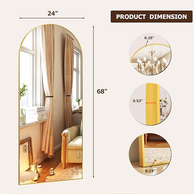 Gold Arched Full-Length Mirror, 24"x68" Arched Floor Mirror with Stand, Wall-Mounted for Bathroom, Dressing Room - Hanging or Leaning - Full Body Mirror for Bedroom