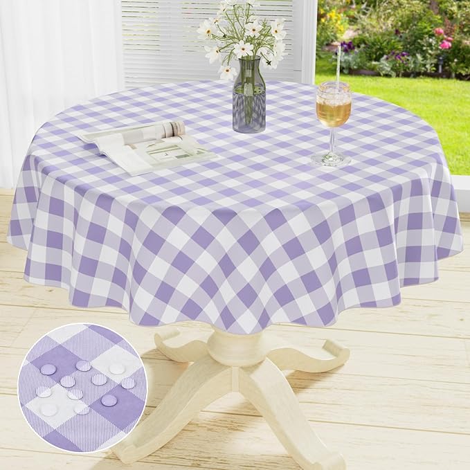 misaya Round Waterproof Vinyl Table Cloth, Buffalo Flannel Backed Tablecloth, Wipeable Plastic Table Cover for Dinner, Kitchen, Picnic (60", Lavender and White)