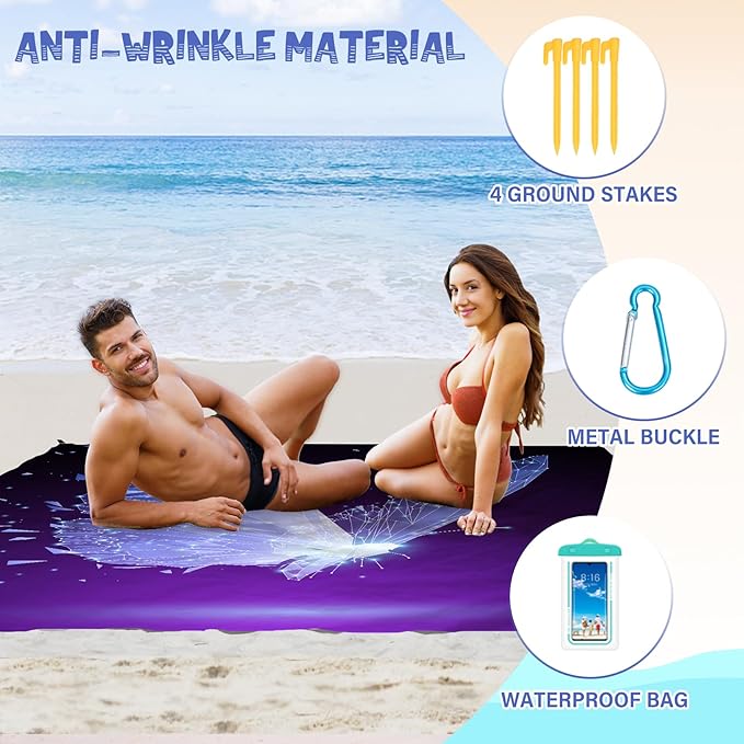 Beach Blanket Waterproof Sandproof 1-7 Adult Oversized 78 '' × 81 '' Lightweight Durable Compact Sand Free Beach Mat for Travel Camping Hiking Picnic Blanket Extra Large