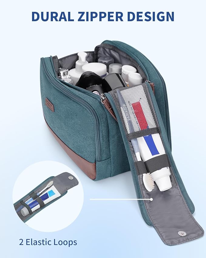 WANDF Toiletry Bag for Men Travel Toiletry Organizer Canvas and Leather Dopp Kit Water-Resistant Shaving Bag for Travel Accessories (Blue-Green, Large)