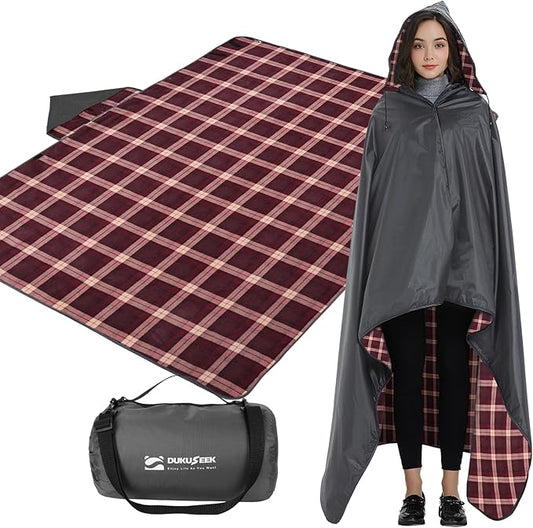 DUKUSEEK Stadium Blanket Waterproof Windproof, Outdoor Hooded Blankets for Camping, Sporting Events, Picnic and Car - Insulated Foldable Blanket and Throws