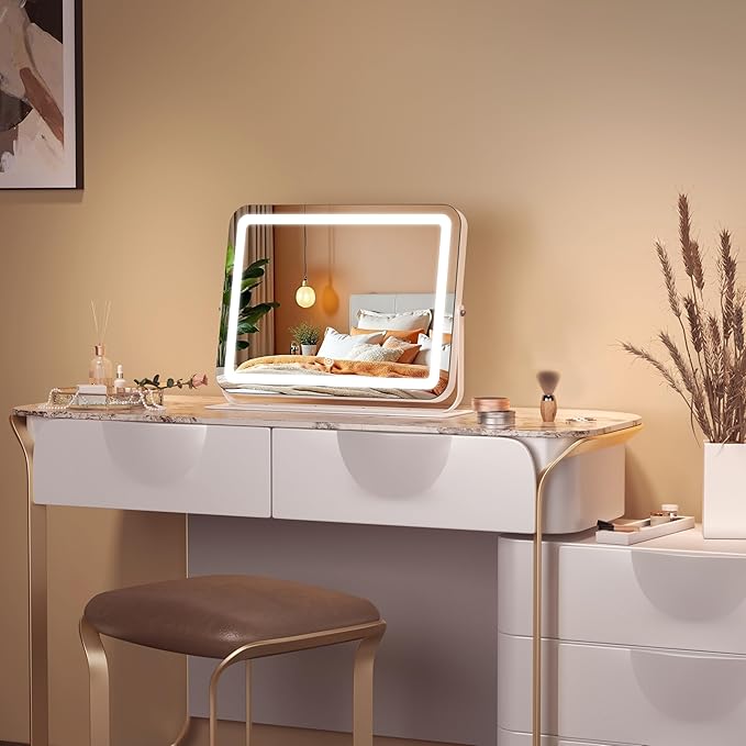 MINISO Vanity Mirror with Lights, 16" x 12" LED Makeup Mirror, Light & Brightness Adjustment, Smart Sensor, 360°Rotation, Aluminum Alloy Metal White Frame, with 10X Magnifying Glass