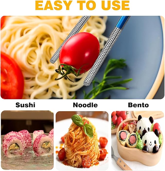 Metal Chopsticks Reusable 1 Pair Stainless Steel Travel Chopsticks Dishwasher Safe Square Lightweight Non-Slip Chop Sticks with case(Blue)