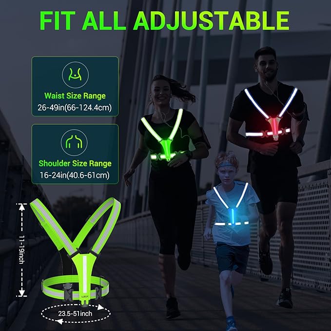 Led Reflective Vest Running Gear，7 Lights Colors Light Up Running Vest, Rechargeable High-Visibility Adjustable Vest for Running, Cycling, and Night Activities（Green）