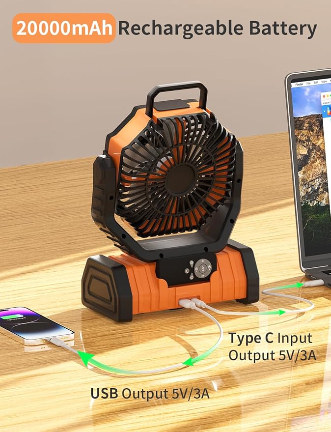 Battery Operated Fan Portable Battery Powered Camping Tent Fan with LED Lantern Light 20000mAh Rechargeable, Oscillating, 360° Rotating Hanging Hook, Cordless for Desk, Travel(Orange)