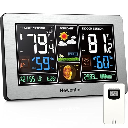 Newentor Weather Station Wireless Indoor Outdoor Thermometer, Color Display Digital Weather Thermometer with Atomic Clock, Barometric Pressure, Forecast Station with Adjustable Backlight, Sliver