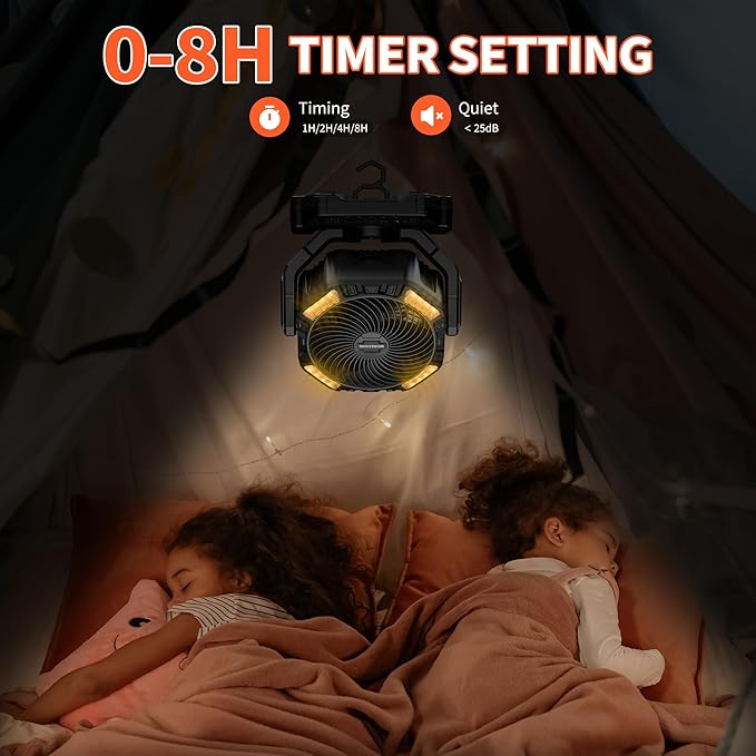 MORECORE 68HRS Running Camping Fan with Light, 20000mAh Battery Rechargeable, Powerful 4 Speeds & Auto Oscillating, with Timer & Hook, for Travel Tent RV Emergency Hurricane Jobsite Garage-Black