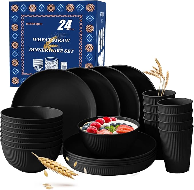 24pcs Wheat Straw Dinnerware Sets For 8, Unbreakable Plates and Bowls Wheat Straw Dinnerware Microwavable Cups Plates and Bowls Sets Shatterproof For Outdoor Kitchen Camping