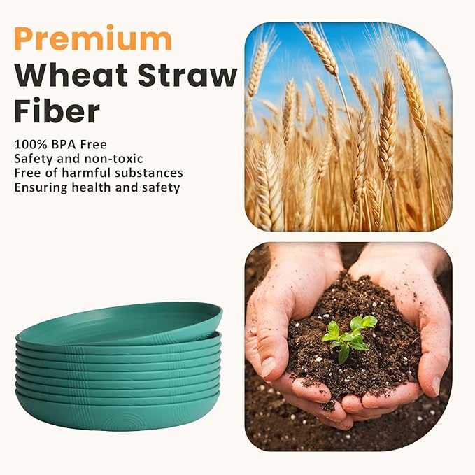 Homienly Wheat Straw Dinner Plates Set of 8, Unbreakable Salad Plates, 10 Inch Lightweight Roud Plates for Kitchen, Camping, Picnic, Microwave and Dishwasher Safe Plate with Non-Slip Pattern(Green)