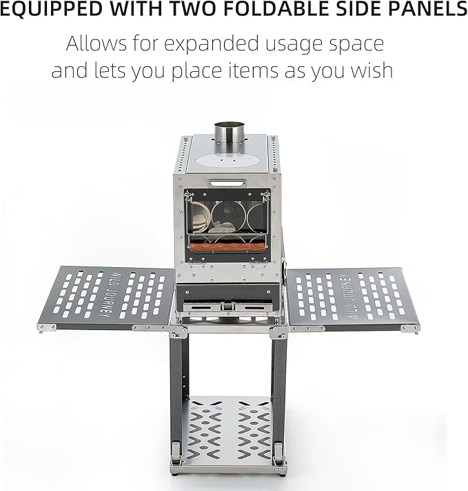 M8 Wood Burning Stove with Oven & Folding Camping Table, Stainless Steel Portable Hot Tent Stove, Including 6 Chimney Pipes, for Camping, Tents, Cooking and Travel (Silver)