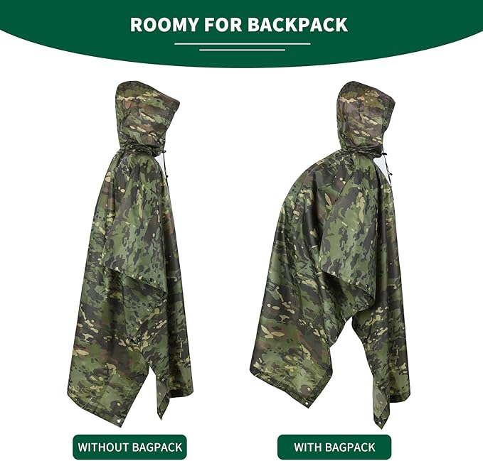 GRVCN Military Rain Poncho, Camouflage Raincoat Outdoor Waterproof Lightweight