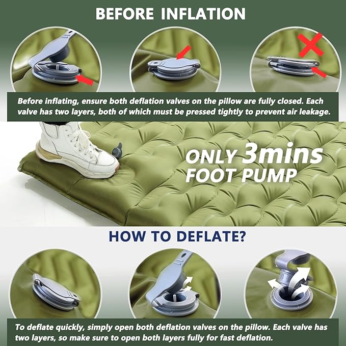 Sleeping Pad for Camping - Ultralight Camping Mattress with Pillow, Built-in Foot Pump, Compact Inflatable Portable Mat for Backpacking, Hiking, Car Traveling, Beach, Tent
